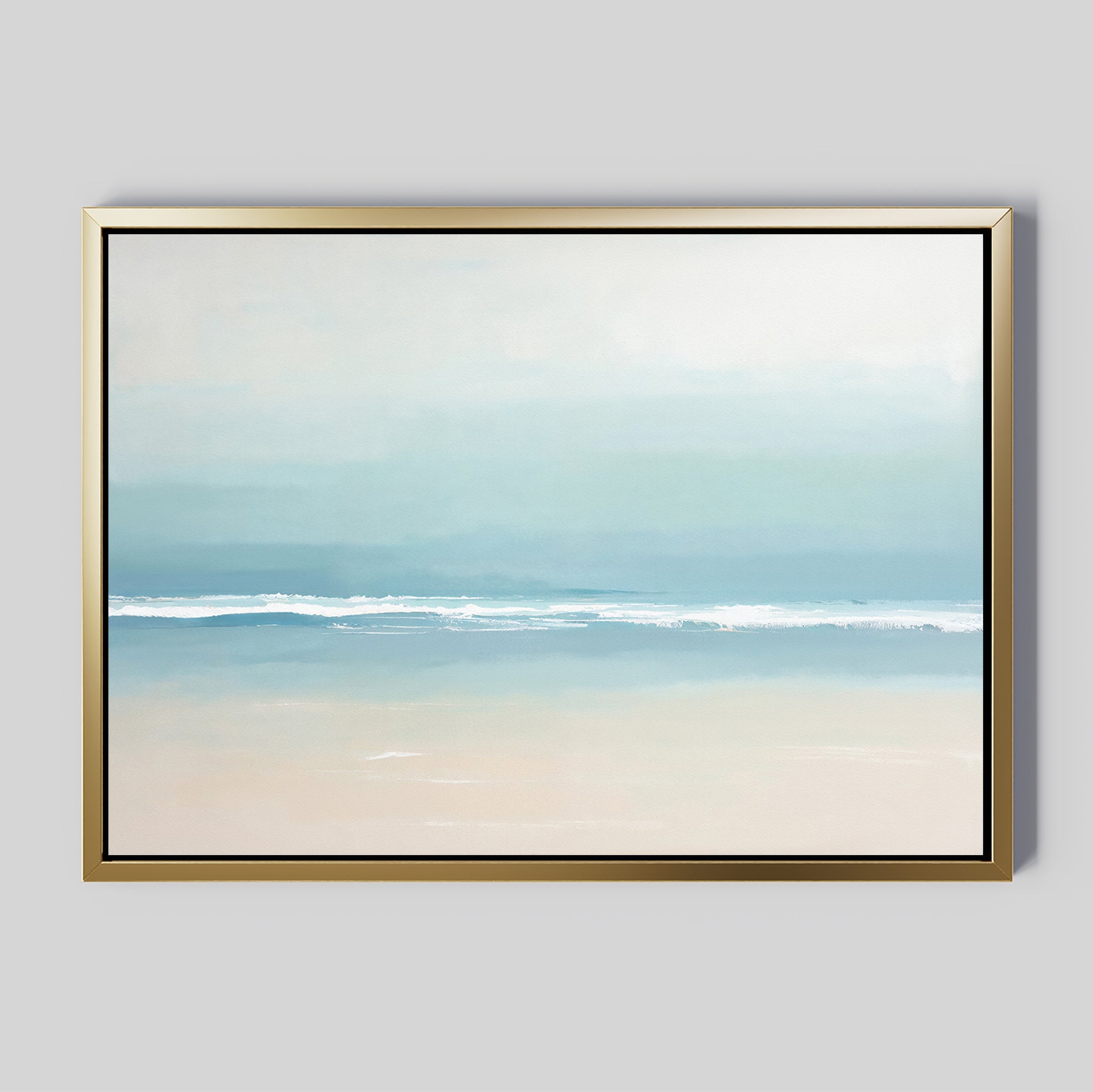 The Airy Shore Canvas Art - Horizontal features a minimalist abstract seascape in soft blue, beige, and white tones with a gold frame, creating a tranquil coastal vibe and evoking the gentle calm of ocean waves.