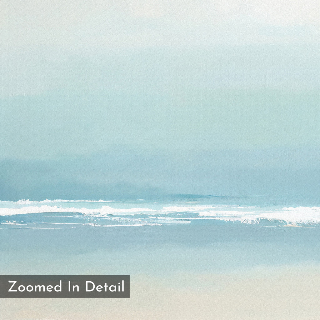 The Airy Shore Canvas Art - Horizontal features soft pastel ocean waves with white foam under a hazy sky for a calm coastal vibe. "Zoomed In Detail" appears in a gray box in the lower left corner.