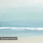 The Airy Shore Canvas Art - Horizontal features soft pastel ocean waves with white foam under a hazy sky for a calm coastal vibe. "Zoomed In Detail" appears in a gray box in the lower left corner.