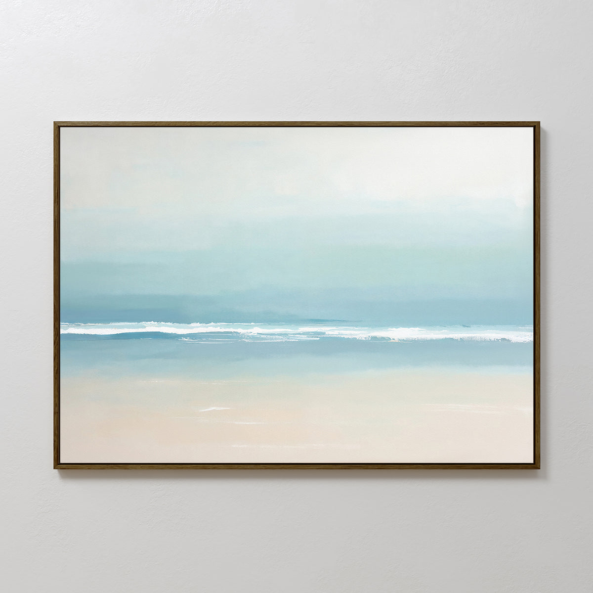 Airy Shore Canvas Art - Horizontal features a minimalist coastal scene with pastel hues, soft sand, a tranquil blue ocean, and a hazy sky. This framed piece brings serene seaside vibes to any plain white wall.