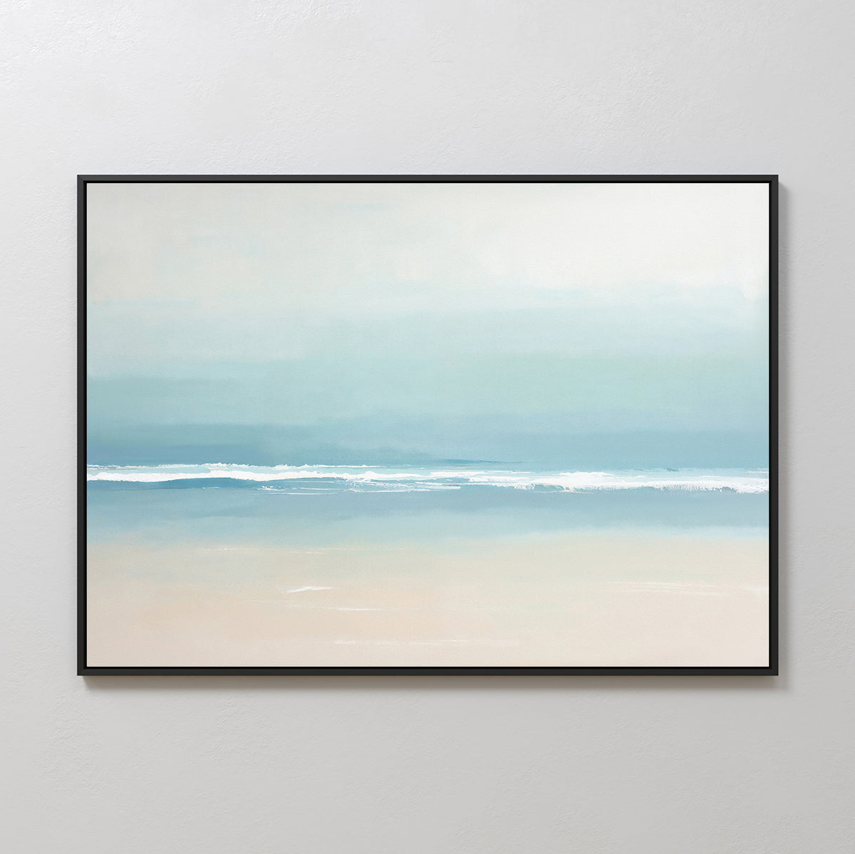 The Airy Shore Canvas Art - Horizontal features soft blue and beige hues with gentle waves and a calm horizon, creating a relaxing seaside atmosphere when displayed on a light-colored wall.