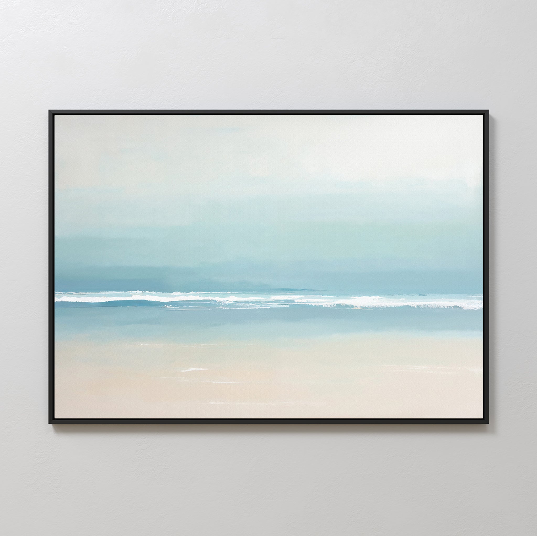 The Airy Shore Canvas Art - Horizontal features soft blue and beige hues with gentle waves and a calm horizon, creating a relaxing seaside atmosphere when displayed on a light-colored wall.
