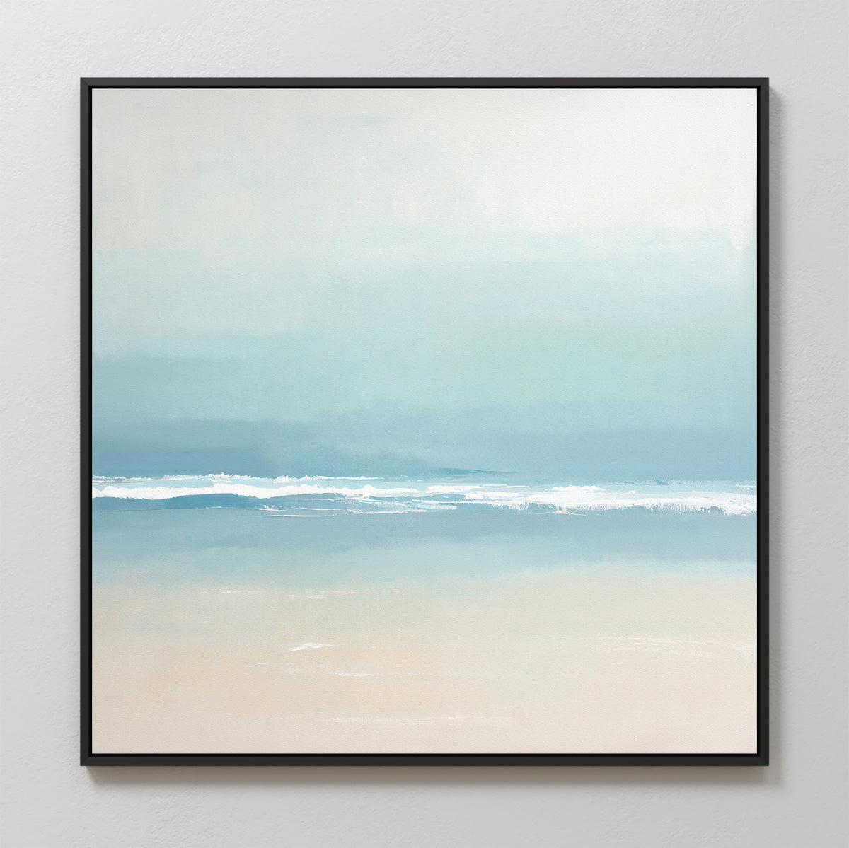 The Airy Shore Canvas Art - Square features a serene seascape with soft blue waves and a pale sandy shore under a cloudy sky, creating calm Nordic wall art ideal for minimalist seaside decor.