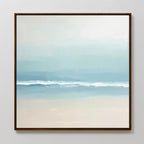 The Airy Shore Canvas Art - Square features a minimalist Nordic design with soft blue and white tones, gentle waves, and a sandy shore under a hazy sky—perfect for creating serene seaside decor.