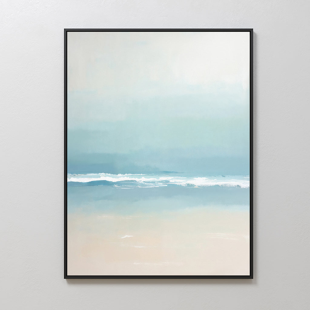 The Airy Shore Canvas Art - Vertical features a minimalist seascape in soft blue, turquoise, and beige tones with gentle waves on a sandy shore beneath a pale sky, bringing a calming coastal vibe to any space.
