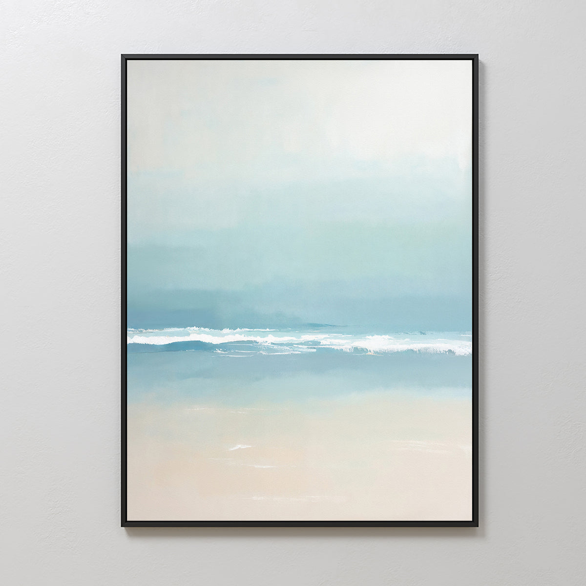 The Airy Shore Canvas Art - Vertical features a minimalist seascape in soft blue, turquoise, and beige tones with gentle waves on a sandy shore beneath a pale sky, bringing a calming coastal vibe to any space.