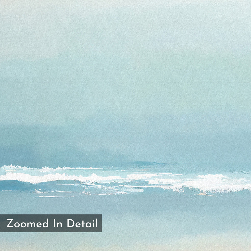 Airy Shore Canvas Art - Vertical features soft, pastel ocean waves beneath a light blue sky, topped with gentle white foam. “Zoomed In Detail” is labeled in the lower left. Perfect for adding a serene, Nordic Park-inspired touch to your wall décor.