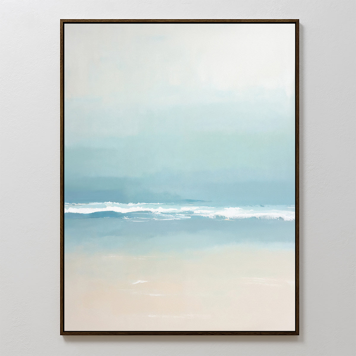 Airy Shore Canvas Art - Vertical features a minimalist seascape in soft blue, white, and sandy beige tones with gentle waves, framed in a slim dark frame. This coastal print adds tranquil seaside vibes to Nordic Park wall art decor.