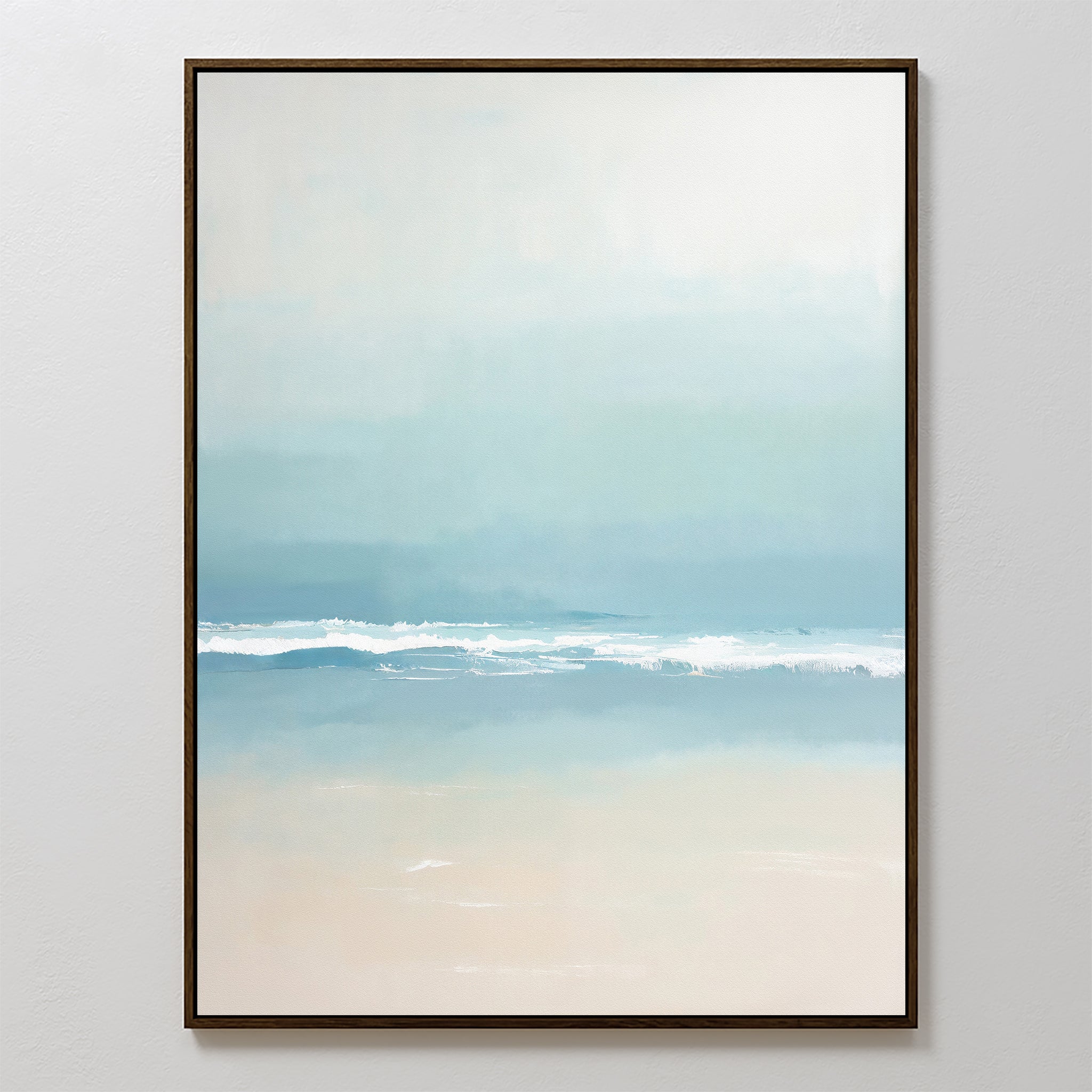 Airy Shore Canvas Art - Vertical features a minimalist seascape in soft blue, white, and sandy beige tones with gentle waves, framed in a slim dark frame. This coastal print adds tranquil seaside vibes to Nordic Park wall art decor.