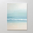 The Airy Shore Canvas Art - Vertical features a minimalist coastal print with gentle waves, soft blue and teal water, and light beige sand and sky for a serene seaside atmosphere.
