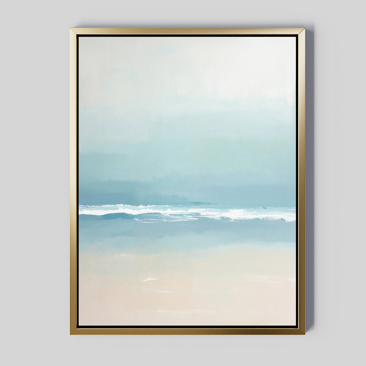 Airy Shore Canvas Art - Vertical features a tranquil seascape with gentle waves, soft pastel hues, and a minimalist vibe—perfect for bringing Nordic park-inspired serenity to your wall decor.