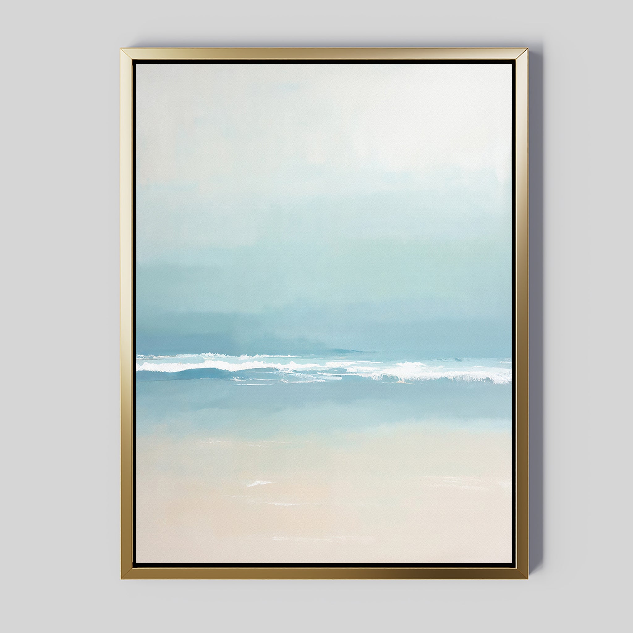 Airy Shore Canvas Art - Vertical features a tranquil seascape with gentle waves, soft pastel hues, and a minimalist vibe—perfect for bringing Nordic park-inspired serenity to your wall decor.