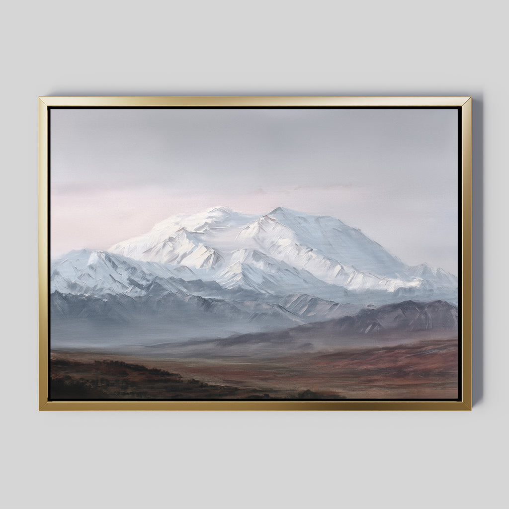 The Alpine Majesty Canvas Art - Horizontal features a snowy mountain range beneath cloudy skies and vibrant plains, offering a balanced Nordic-inspired palette—ideal for adding serene park vibes to your light gray wall.