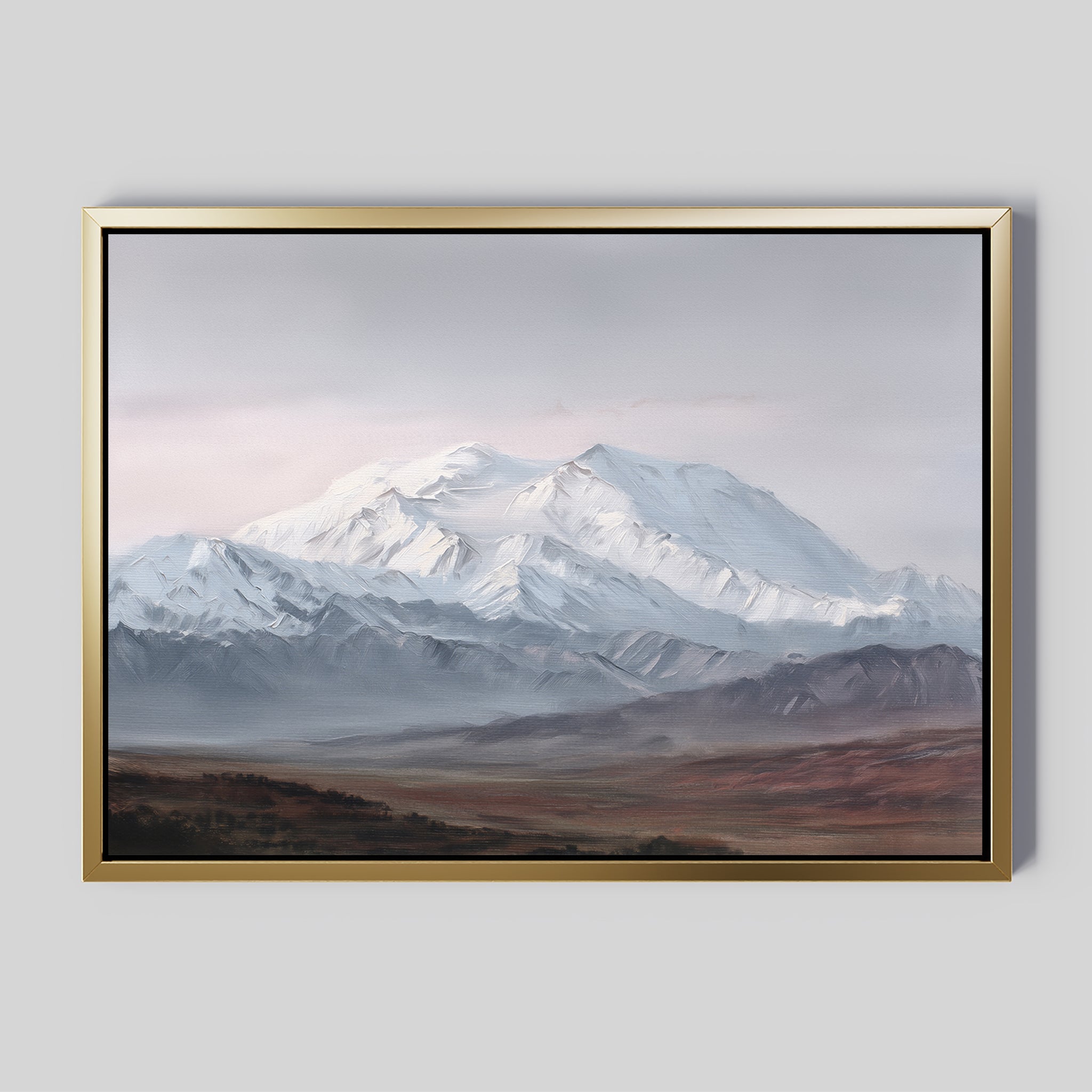The Alpine Majesty Canvas Art - Horizontal features a snowy mountain range beneath cloudy skies and vibrant plains, offering a balanced Nordic-inspired palette—ideal for adding serene park vibes to your light gray wall.