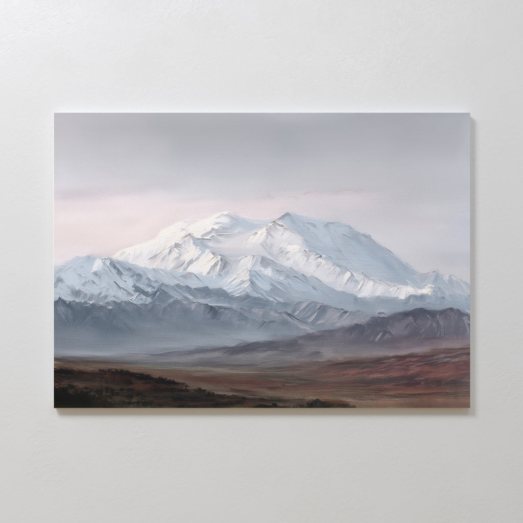 The Alpine Majesty Canvas Art - Horizontal features snow-capped peaks beneath a cloudy sky, with brown and green plains below, evoking the tranquil beauty and balance of a Nordic park landscape.