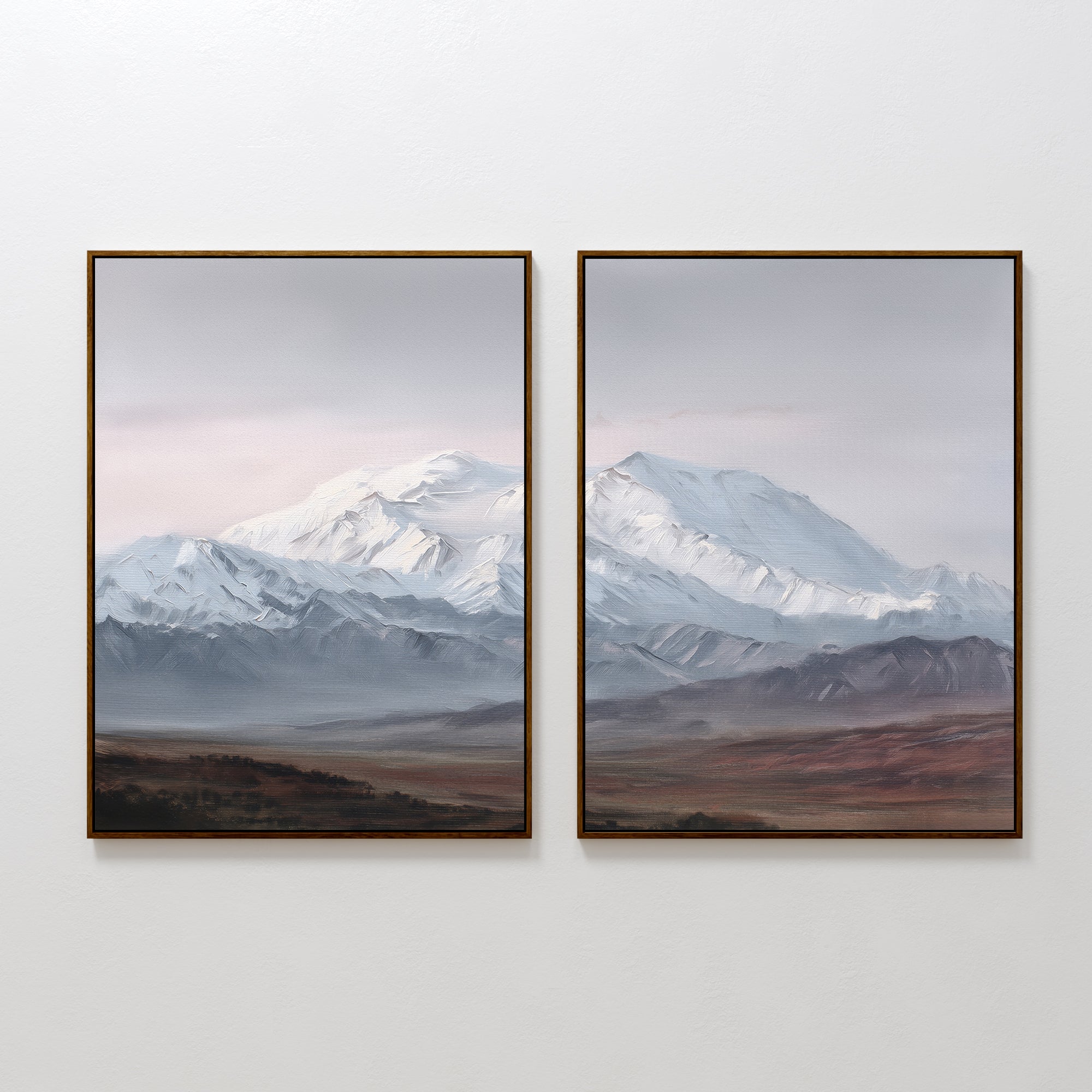 Alpine Majesty - Set of 2: Framed mountain canvas prints showcase snow-capped peaks under a cloudy sky with brown and green plains—ideal mountain wall art for Nordic Park-inspired decor.
