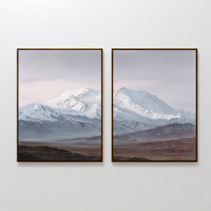 Alpine Majesty - Set of 2: Framed mountain canvas prints showcase snow-capped peaks under a cloudy sky with brown and green plains—ideal mountain wall art for Nordic Park-inspired decor.