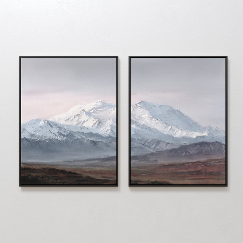 Alpine Majesty - Set of 2 features framed mountain canvas prints hung side by side, showing snow-capped peaks above brown and green fields beneath a cloudy sky, creating a seamless Nordic Park-inspired landscape.