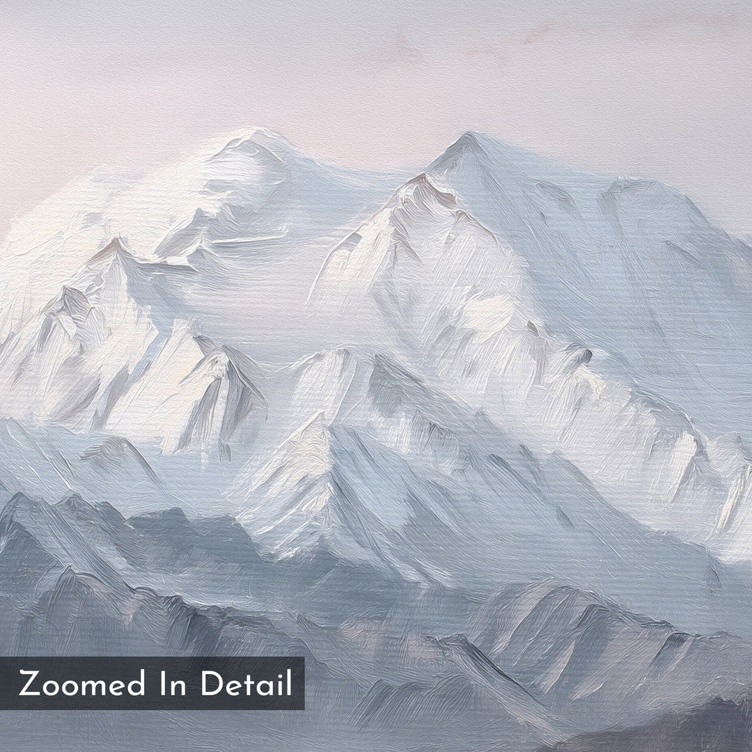 A close-up, painted-style image of snowy peaks under a light sky captures the Alpine Majesty Canvas Art - Square. Visible brushstrokes add texture, with "Zoomed In Detail" text in the lower left corner enhancing the scene.