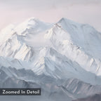 A close-up, painted-style image of snowy peaks under a light sky captures the Alpine Majesty Canvas Art - Square. Visible brushstrokes add texture, with "Zoomed In Detail" text in the lower left corner enhancing the scene.