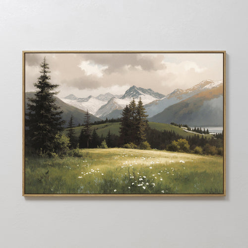 The Alpine Meadow Canvas Art - Horizontal showcases green meadows with white wildflowers, tall pines, distant snow-capped mountains, and a cloudy sky in a stunning scenic Nordic park landscape.