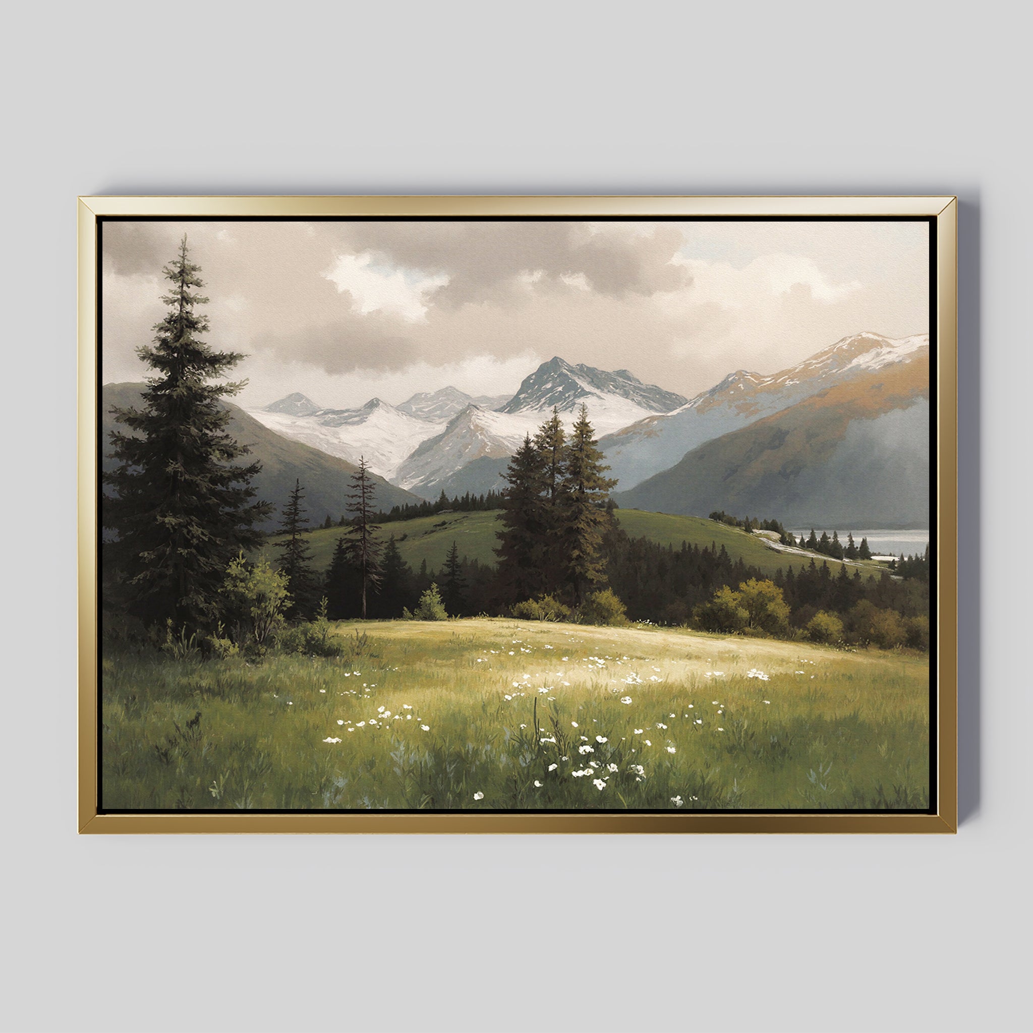 The Alpine Meadow Canvas Art - Horizontal features a framed mountain landscape with snow-capped peaks, evergreen trees, grassy hills, and white wildflowers under a cloudy sky.