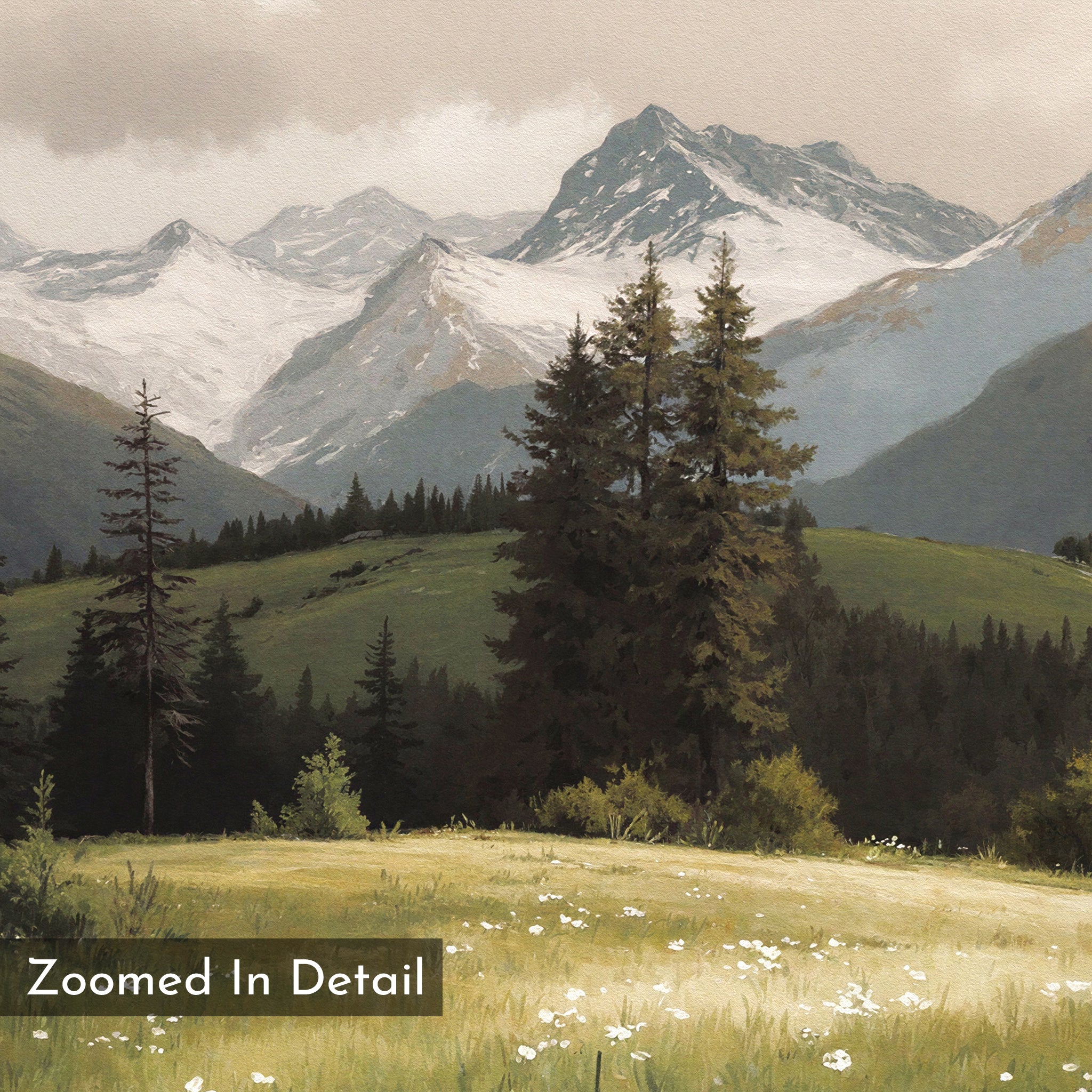 Alpine Meadow Canvas Art - Horizontal: Snow-capped mountains, forested hills, and a wildflower-filled alpine meadow under a cloudy sky. Two tall evergreens in the foreground. Text on print reads "Zoomed In Detail.