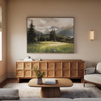 A cozy living room with a wooden sideboard, coffee table, and light sofa. Above the sideboard hangs the Alpine Meadow Canvas Art - Horizontal, while a vase with flowers decorates the table.
