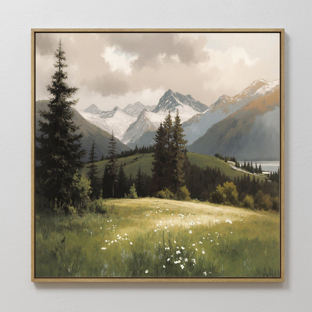 The Alpine Meadow Canvas Art - Square features a mountain landscape with snow-capped peaks, tall pines, rolling green hills, and a wildflower-dotted meadow beneath a cloudy sky, printed on framed canvas.