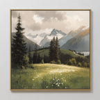 The Alpine Meadow Canvas Art - Square features a mountain landscape with snow-capped peaks, tall pines, rolling green hills, and a wildflower-dotted meadow beneath a cloudy sky, printed on framed canvas.