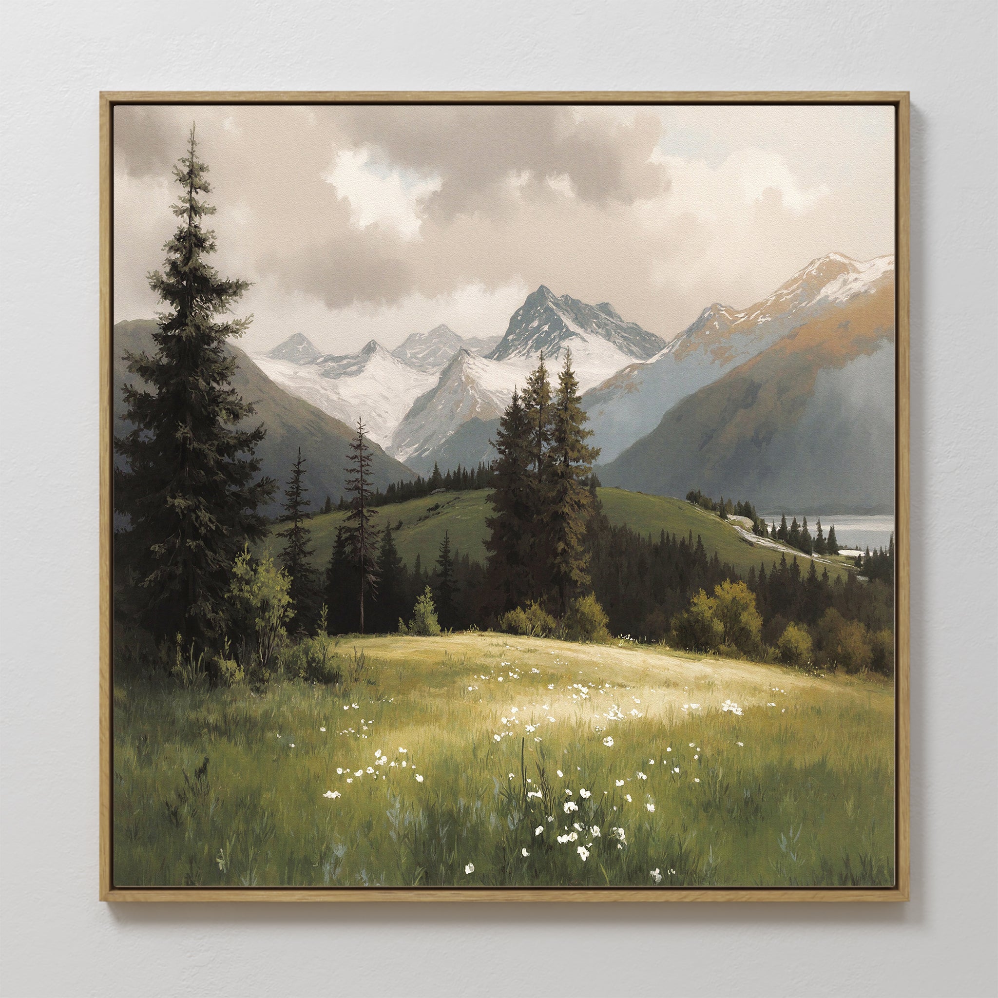 The Alpine Meadow Canvas Art - Square features a mountain landscape with snow-capped peaks, tall pines, rolling green hills, and a wildflower-dotted meadow beneath a cloudy sky, printed on framed canvas.