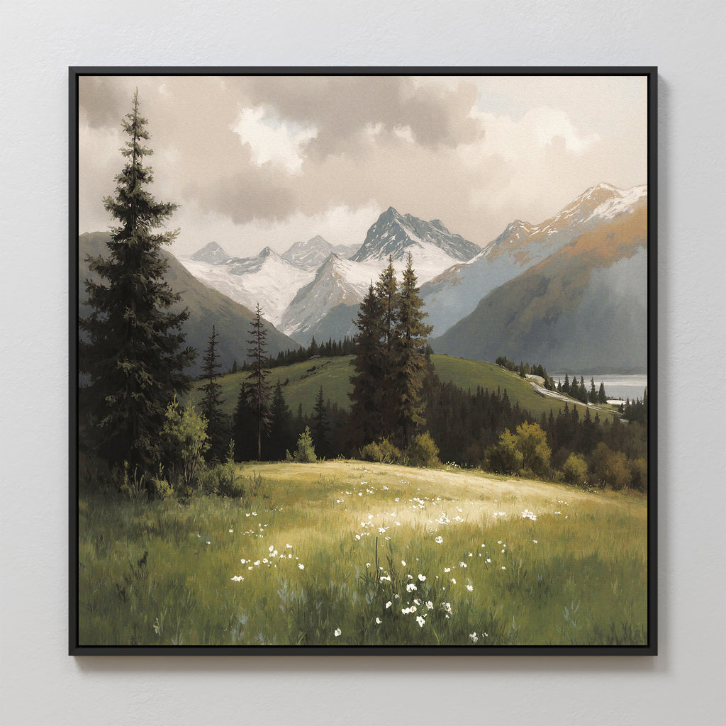 The Alpine Meadow Canvas Art - Square showcases a mountain landscape with snowy peaks, tall evergreens, a grassy field with white wildflowers, and a calm lake under a partly cloudy sky.