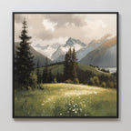 The Alpine Meadow Canvas Art - Square showcases a mountain landscape with snowy peaks, tall evergreens, a grassy field with white wildflowers, and a calm lake under a partly cloudy sky.