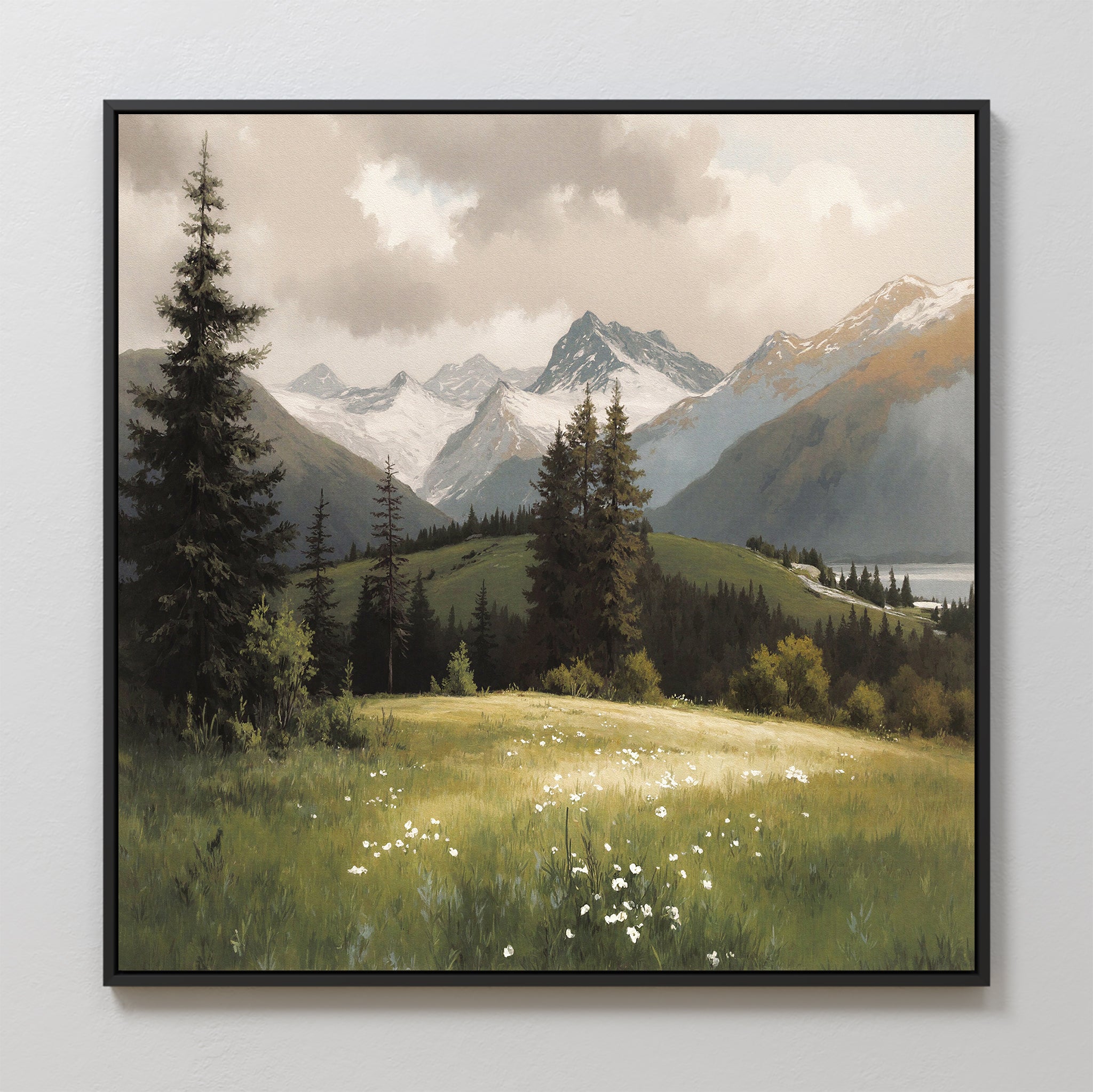 The Alpine Meadow Canvas Art - Square showcases a mountain landscape with snowy peaks, tall evergreens, a grassy field with white wildflowers, and a calm lake under a partly cloudy sky.