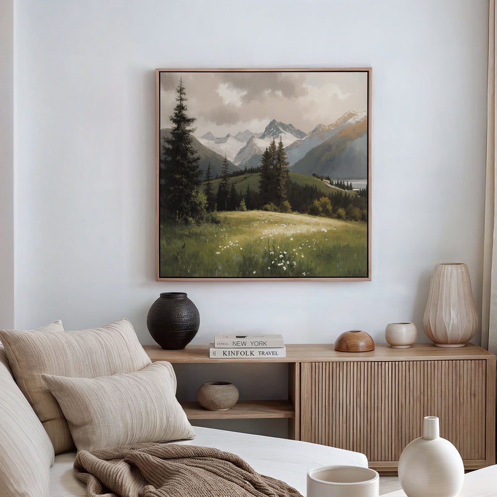 A cozy living room features a beige sofa, neutral cushions, and a wooden cabinet. Above earth-toned vases and books, the Alpine Meadow Canvas Art - Square showcases trees and snow-capped mountain peaks.
