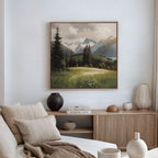 A cozy living room features a beige sofa, neutral cushions, and a wooden cabinet. Above earth-toned vases and books, the Alpine Meadow Canvas Art - Square showcases trees and snow-capped mountain peaks.