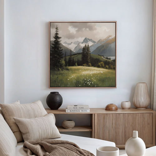 A cozy living room features a beige sofa, neutral cushions, and a wooden cabinet. Above earth-toned vases and books, the Alpine Meadow Canvas Art - Square showcases trees and snow-capped mountain peaks.