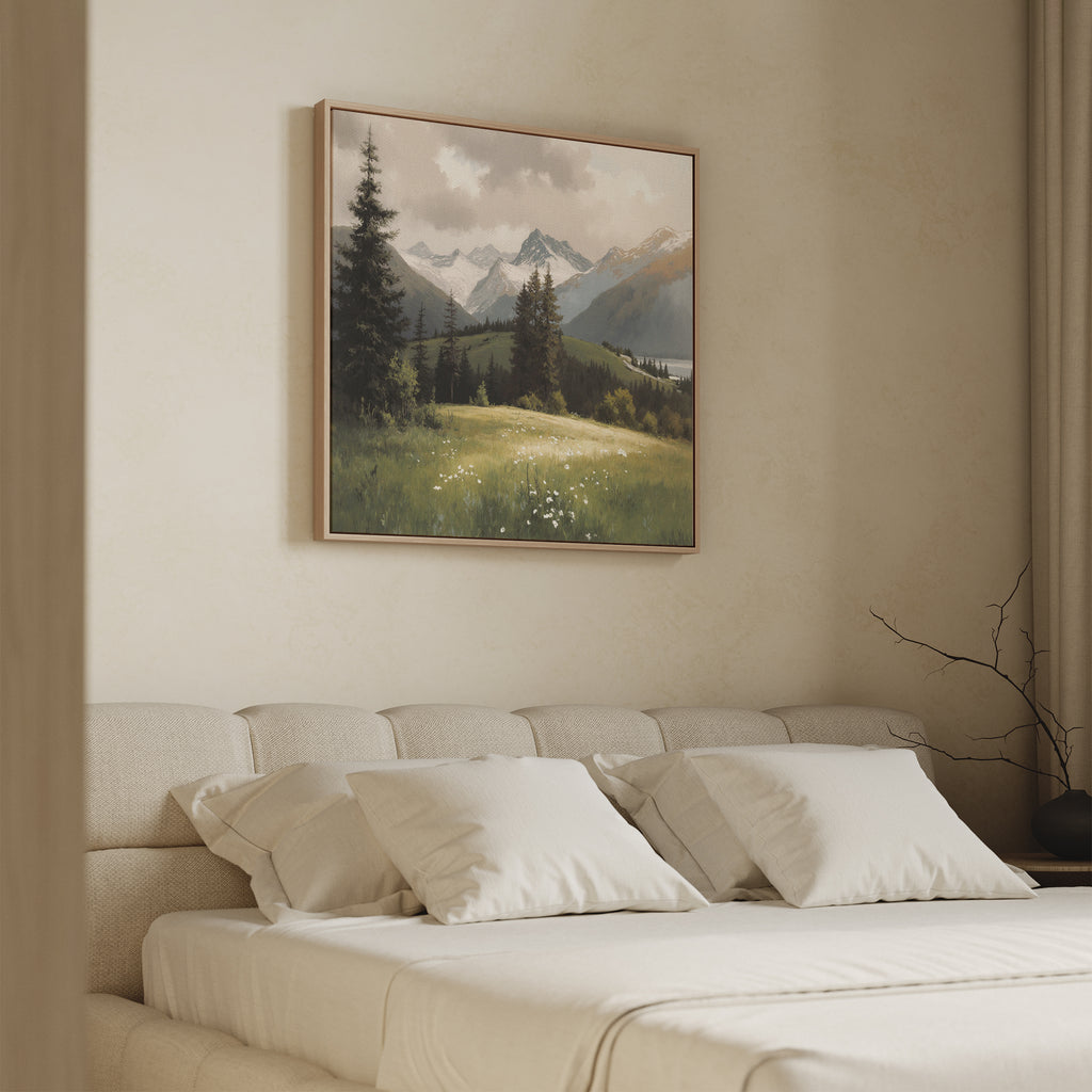 A neatly made bed with white pillows and blankets sits beneath the Alpine Meadow Canvas Art - Square, which showcases a mountain landscape with trees and grassy fields. The room has light walls and simple, elegant decor.