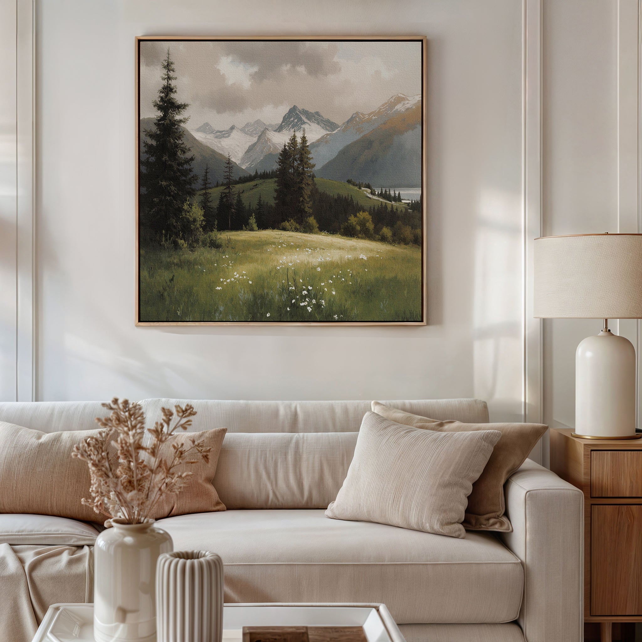 A cozy living room with a white sofa, beige cushions, a side table with a lamp, and a vase of dried flowers. On the wall above the sofa hangs the Alpine Meadow Canvas Art - Square.