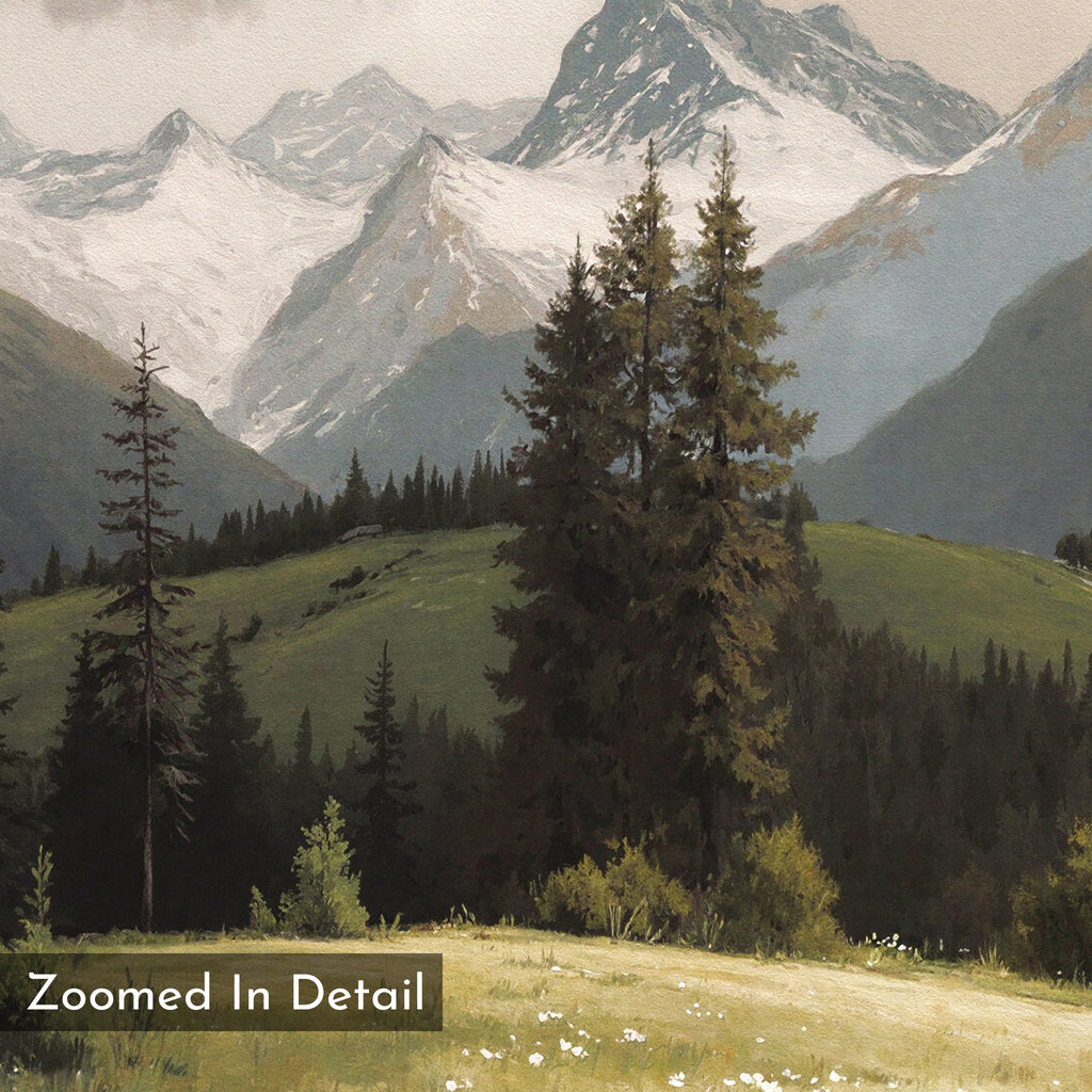 The Alpine Meadow Canvas Art - Square features tall pine trees on a grassy hill with wildflowers, backed by snow-capped mountains and a cloudy sky. “Zoomed In Detail” text appears in the corner, making it an ideal canvas print for your space.