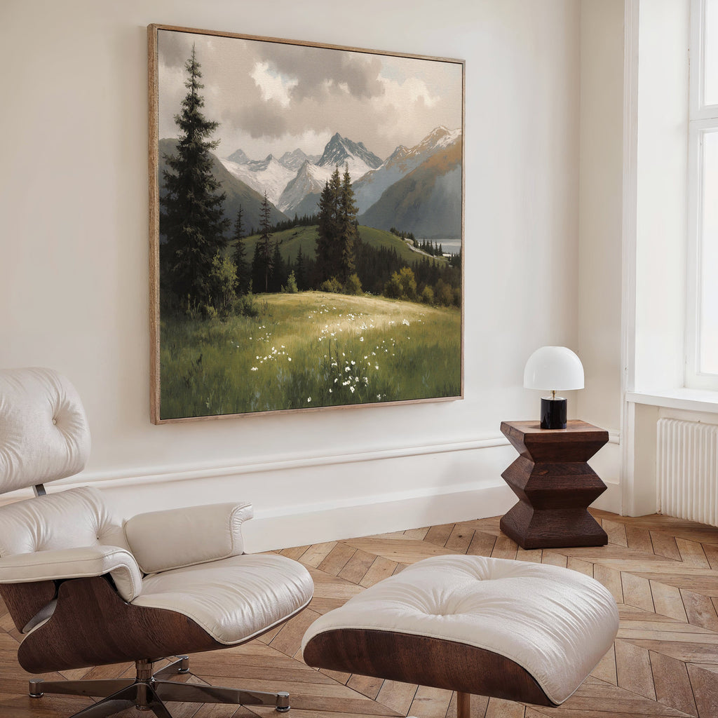 A modern living room with a white lounge chair and ottoman, parquet floors, a dark wood side table with a white lamp, and a large square Alpine Meadow Canvas Art on the wall.