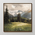 The Alpine Meadow Canvas Art - Square features a scenic mountain landscape with snow-capped peaks, pine trees, white wildflowers in the meadow, and a tranquil lake beneath a cloudy sky.