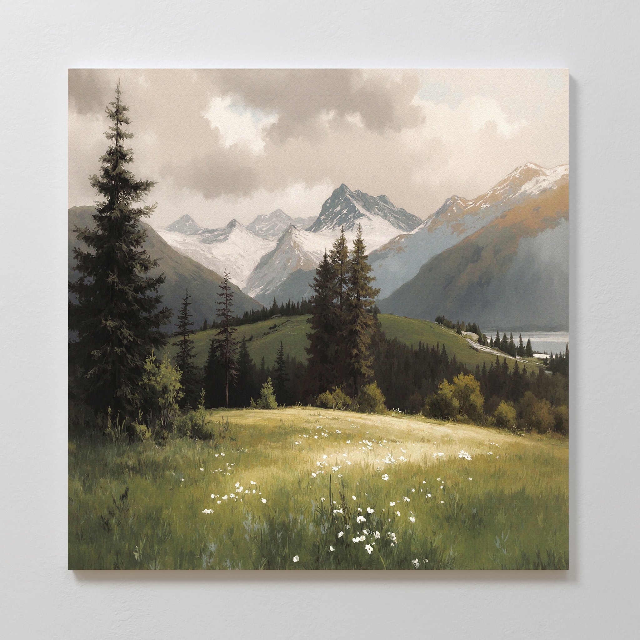 The Alpine Meadow Canvas Art - Square showcases wildflowers in a grassy meadow, tall evergreens, rolling green hills, snow-capped mountains in the distance, and a lake under a cloudy sky.