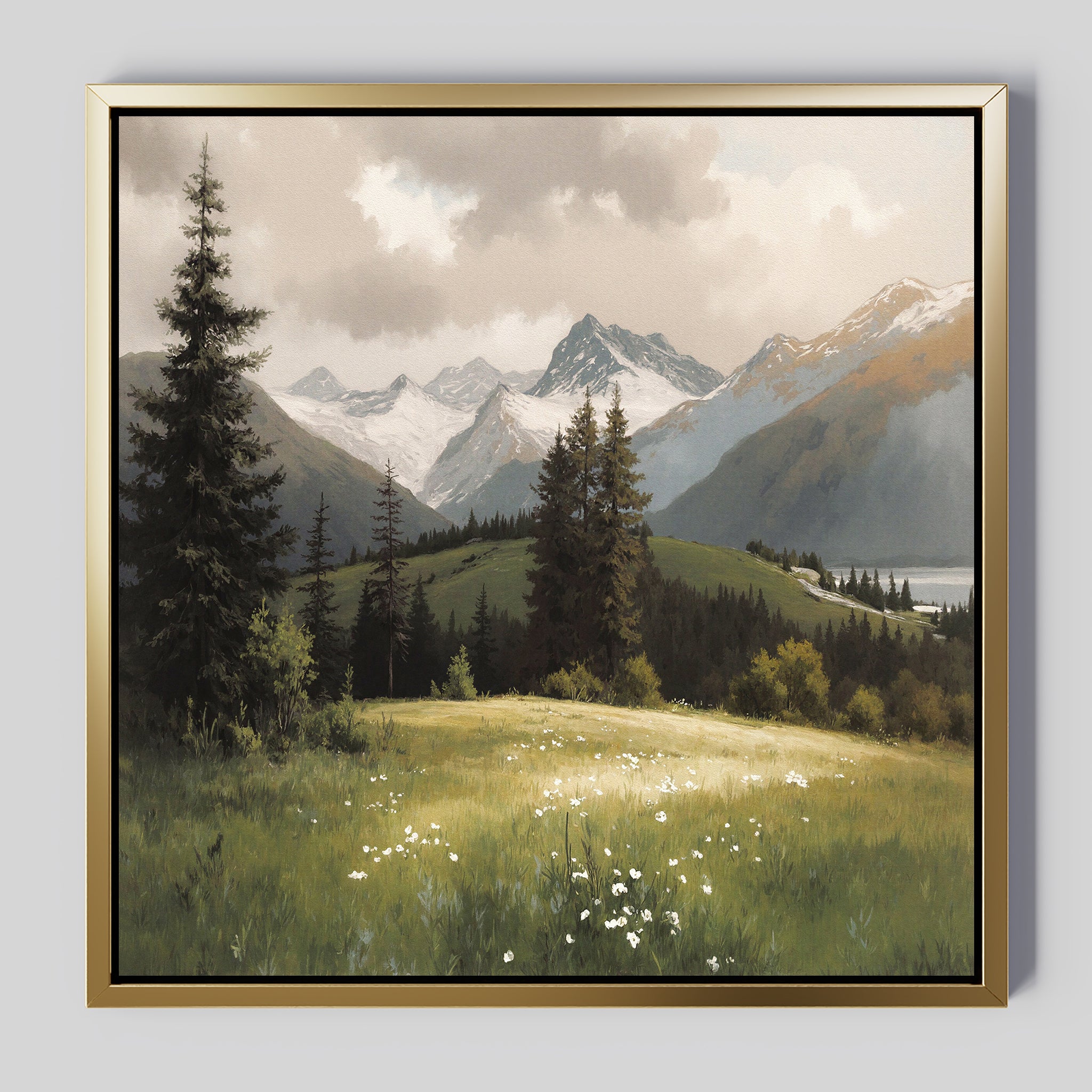 The Alpine Meadow Canvas Art - Square features a serene mountain landscape with pine trees, grassy fields dotted with white flowers, snow-capped peaks, a cloudy sky, and a distant lake.