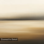 Amber Fields Canvas Art - Horizontal features a soft, blurred abstract design with horizontal bands of beige, tan, gray, and amber tones, evoking a serene landscape. "Zoomed In Detail" appears in a dark box at the lower left corner.