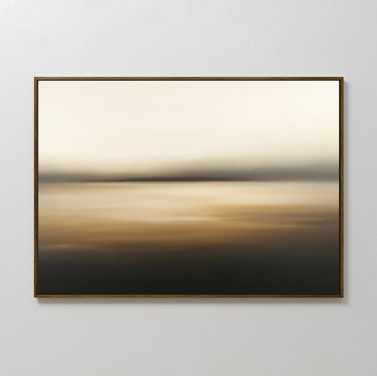 Amber Fields Canvas Art - Horizontal features a minimalist abstract design with soft beige, brown, and black gradients accented by amber tones for a serene, blurred landscape effect; framed and displayed on a plain white wall.