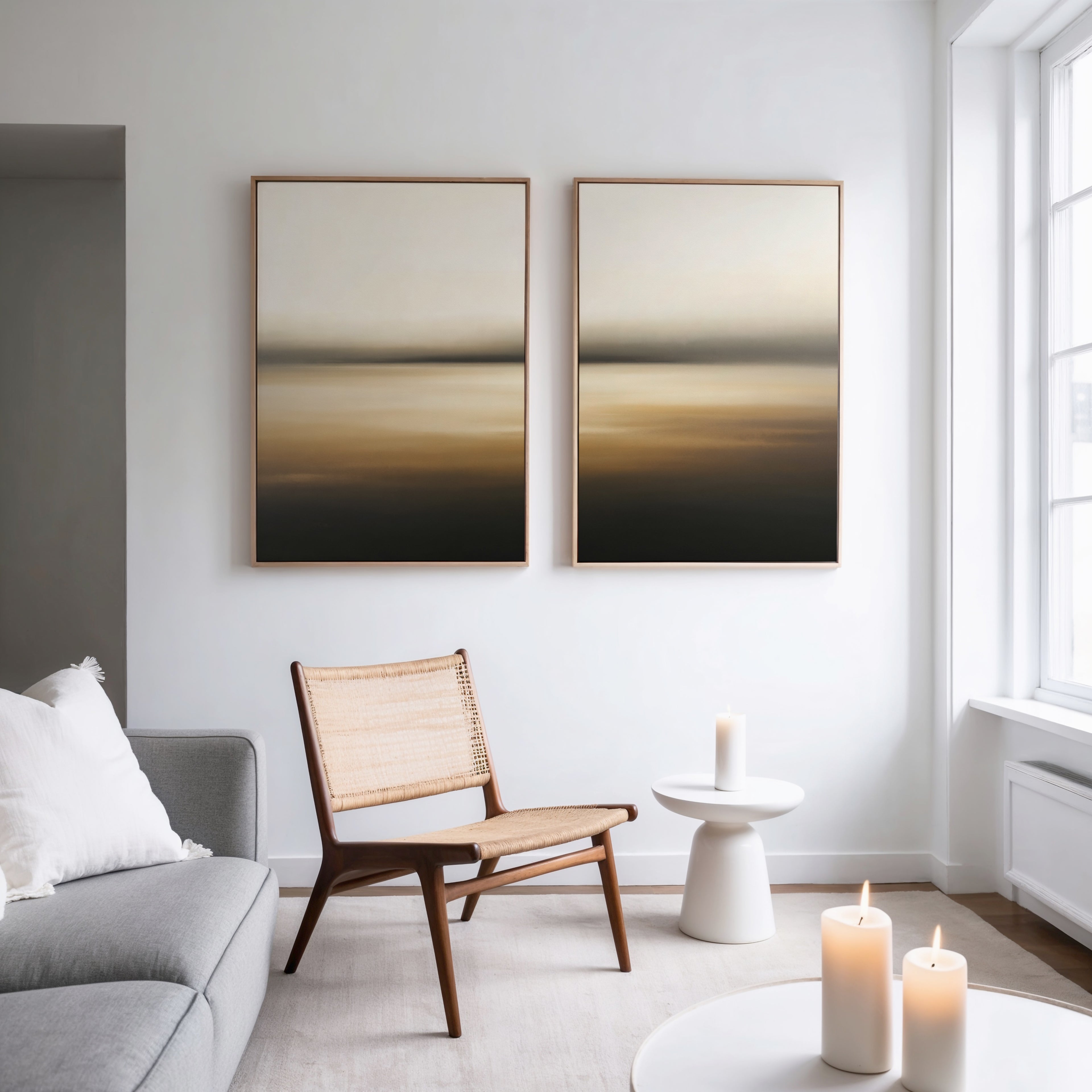A modern, minimalist living room features a woven chair, small round table with a lit candle, light gray sofa, large windows, and Amber Fields - Set Of 2 wall art bringing warmth to the space.