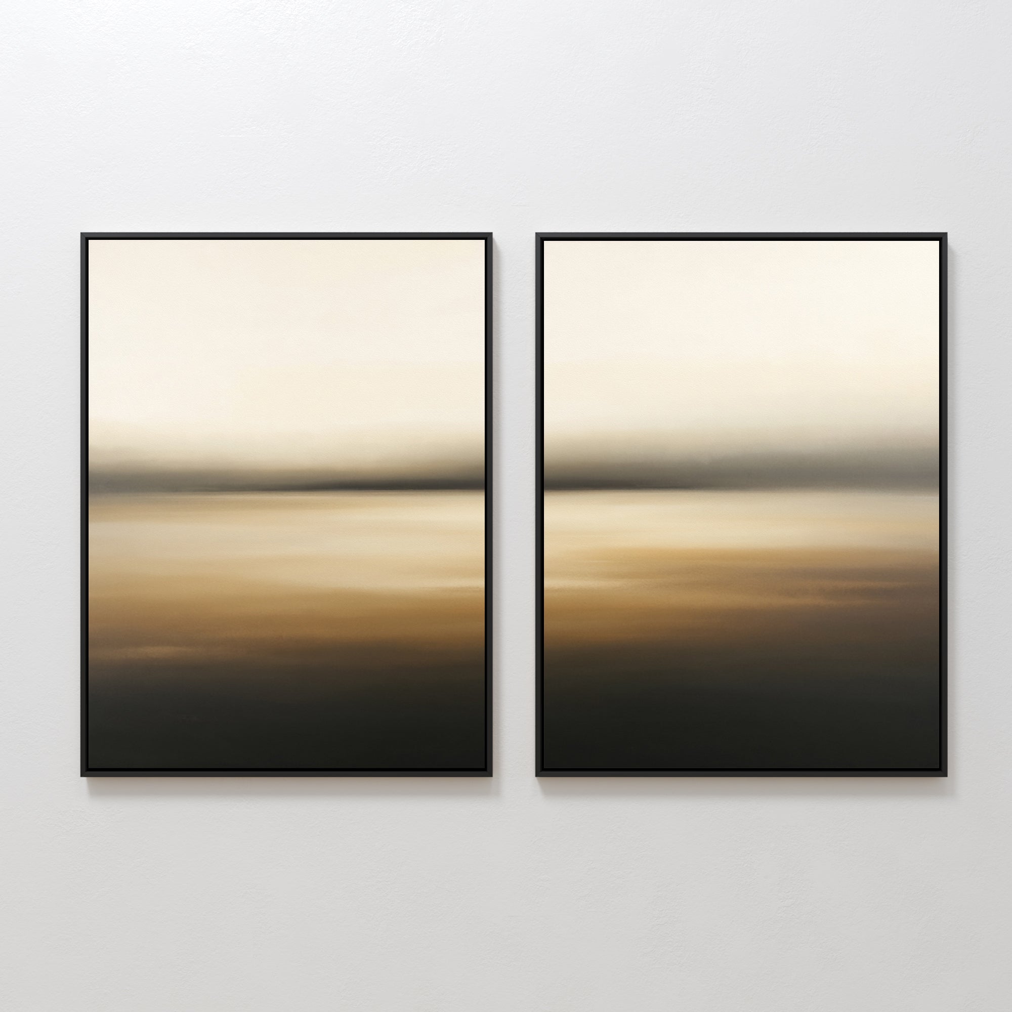 Amber Fields - Set Of 2: Two framed abstract art prints hang side by side on a white wall, featuring soft, blurred gradients in brown, beige, and gray tones that evoke the serene mood of a Nordic park.