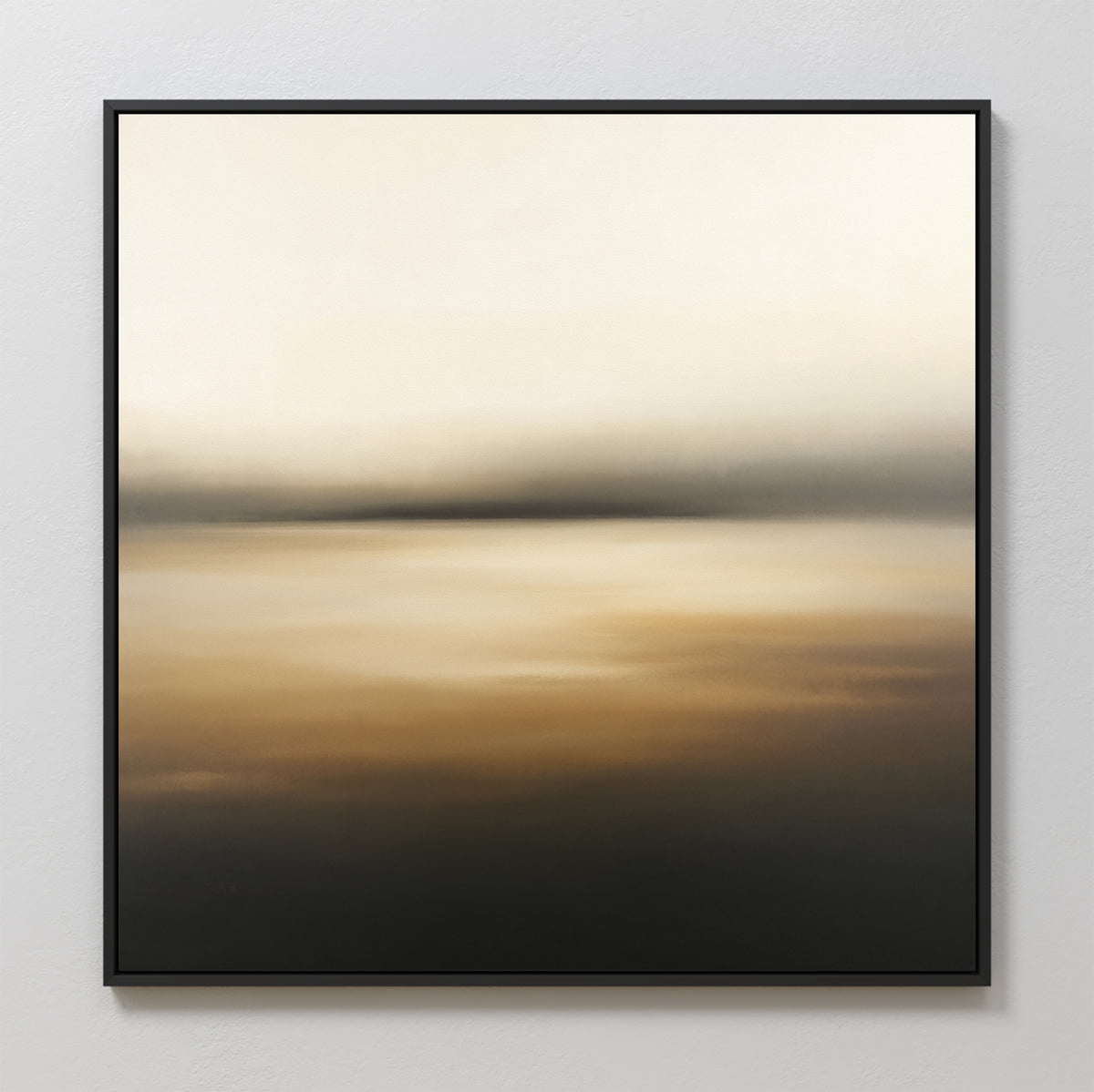 Amber Fields Canvas Art - Square features a framed abstract design with soft beige, brown, and black gradients, subtle amber tones, and a blurred horizon, evoking a serene Nordic landscape and minimalist park ambiance.
