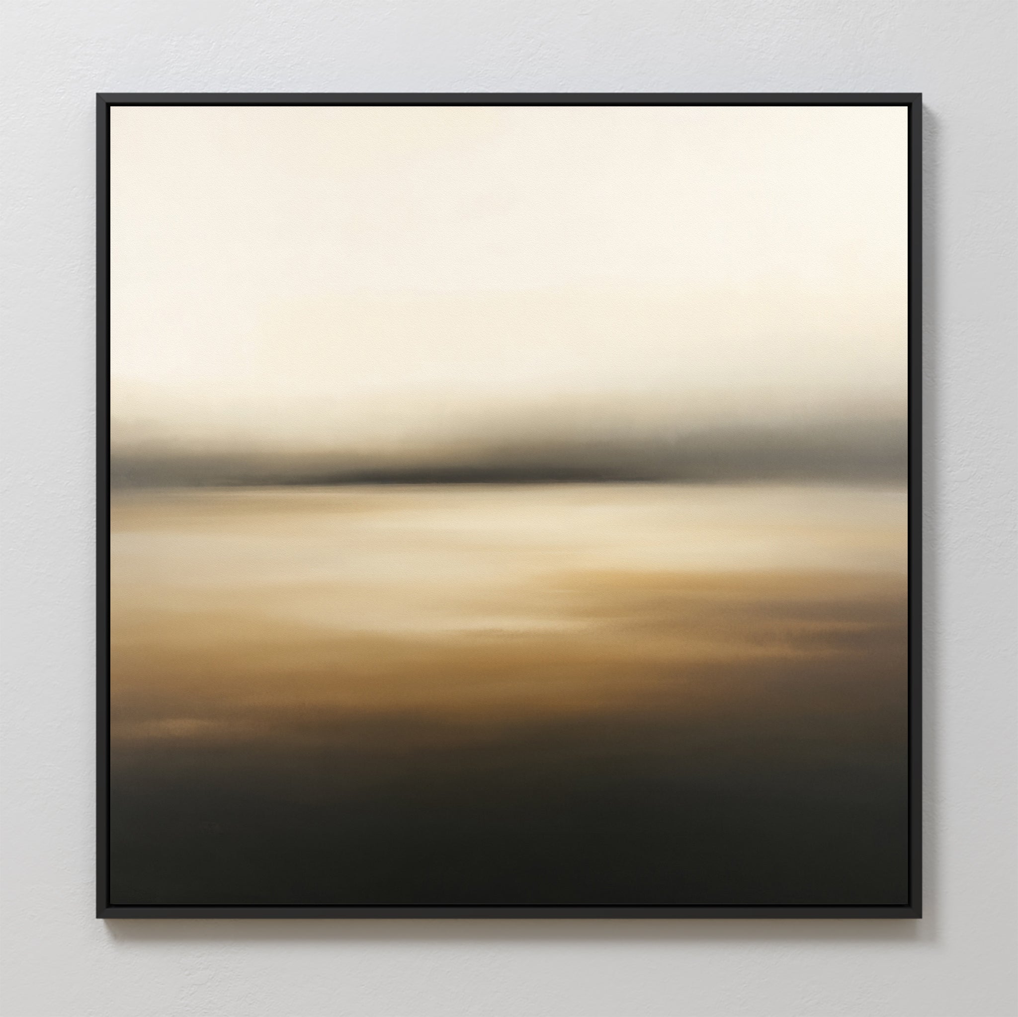 Amber Fields Canvas Art - Square features a framed abstract design with soft beige, brown, and black gradients, subtle amber tones, and a blurred horizon, evoking a serene Nordic landscape and minimalist park ambiance.